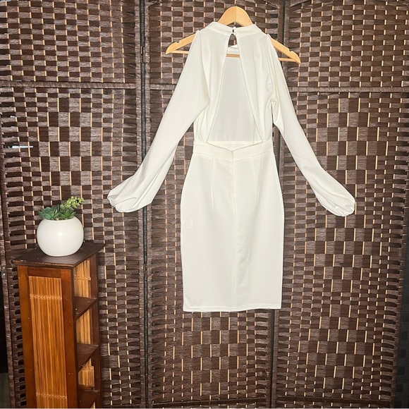 White Sheath Dress with Bishop Sleeves and Cold Shoulder - Picture 5 of 11